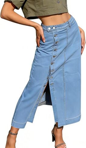 Women's High Waist Long Denim Skirt Button Front Slit Midi Skirt for Ladies Fashion Summer 2026 in Saudi Arabia
