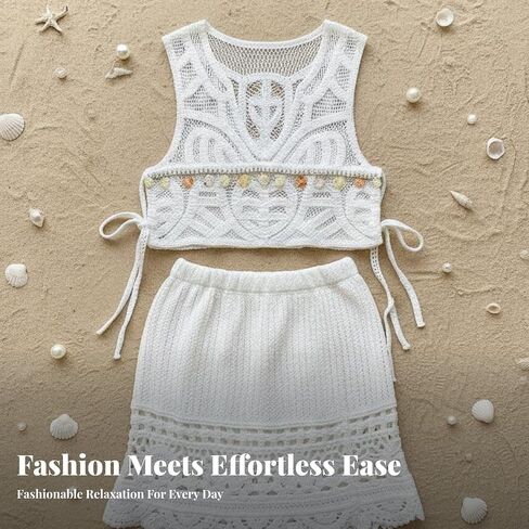 Vaveren Women Crochet Skirt, Cotton Hollow Out High Waisted Beach Cover Up, White in Kuwait