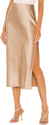 Women's Satin Midi Skirt with Slit Elegant Classy Elastic Waist A Line Silk Skirt in Kuwait