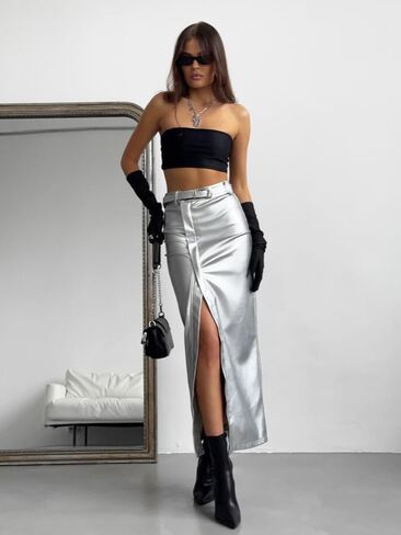 Mandonce Skirts for Women Leather Skirt Zip Up High Waist Maxi Skirt Slim Package Hip Split Long Skirts in Saudi Arabia