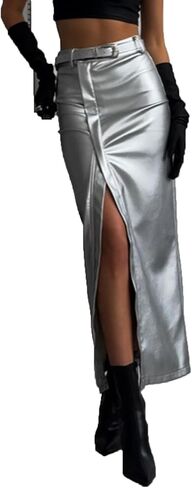 Mandonce Skirts for Women Leather Skirt Zip Up High Waist Maxi Skirt Slim Package Hip Split Long Skirts in Saudi Arabia