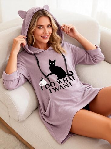Oversized Hoodie Dress for Womens Hoodies Pullover Irregular Hem 3/4 Sleeve Cat Ear Hooded Tunic Tops with Pockets ND26 in Kuwait