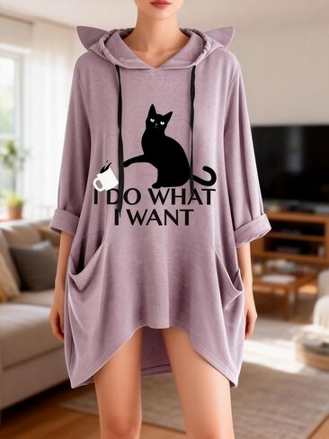 Oversized Hoodie Dress for Womens Hoodies Pullover Irregular Hem 3/4 Sleeve Cat Ear Hooded Tunic Tops with Pockets ND26 in Kuwait