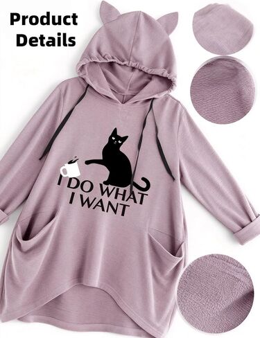 Oversized Hoodie Dress for Womens Hoodies Pullover Irregular Hem 3/4 Sleeve Cat Ear Hooded Tunic Tops with Pockets ND26 in Kuwait