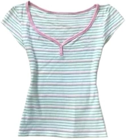 Womens Y2K Sweet Japanese Kawaii Pastel Stripe Print Henley T Shirt Cute V Neck Soft Aesthetic Casual Fitted Baby Tee in Saudi Arabia