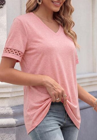Womens T Shirts Basic V Neck Trendy Tops Casual Short Sleeve Tops Fashion Lightweight Soft Summer Outfits 2026 in Saudi Arabia