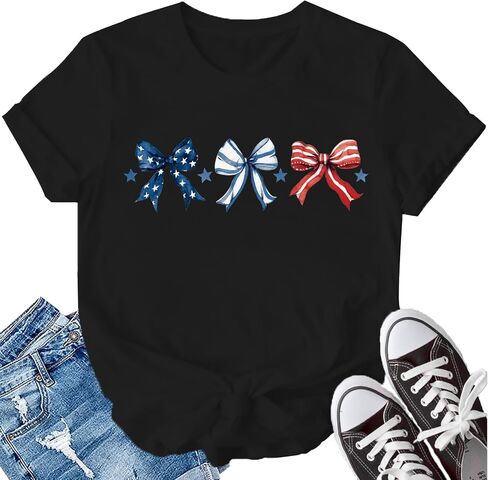 LBP American Flag Shirt Women USA Bow Flag Shirts Patriotic T-Shirts Happy 4th of July Tee Tops in Saudi Arabia