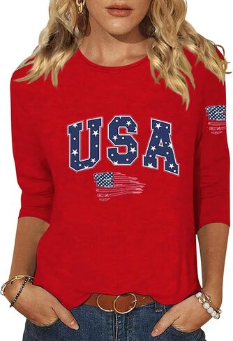 Vircreate Womens 3/4 Sleeve Crew Neck T-Shirts 4th of July Shirts American Flag Star Graphic Tee Tops in Saudi Arabia