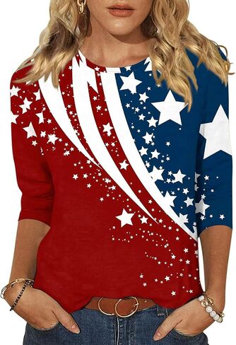 Vircreate Womens 3/4 Sleeve Crew Neck T-Shirts 4th of July Shirts American Flag Star Graphic Tee Tops in Saudi Arabia