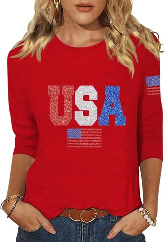 Vircreate Womens 3/4 Sleeve Crew Neck T-Shirts 4th of July Shirts American Flag Star Graphic Tee Tops in Saudi Arabia