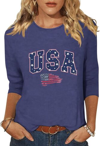 Vircreate Womens 3/4 Sleeve Crew Neck T-Shirts 4th of July Shirts American Flag Star Graphic Tee Tops in Saudi Arabia