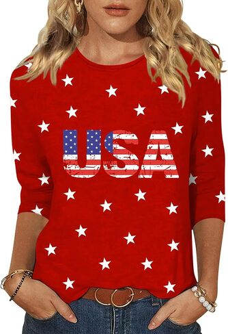 Vircreate Womens 3/4 Sleeve Crew Neck T-Shirts 4th of July Shirts American Flag Star Graphic Tee Tops in Saudi Arabia