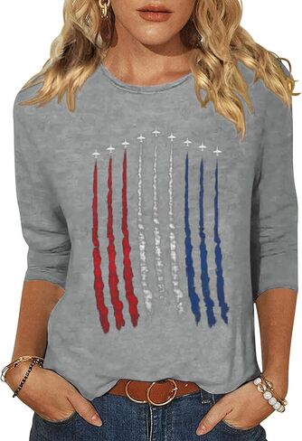 Vircreate Womens 3/4 Sleeve Crew Neck T-Shirts 4th of July Shirts American Flag Star Graphic Tee Tops in Saudi Arabia