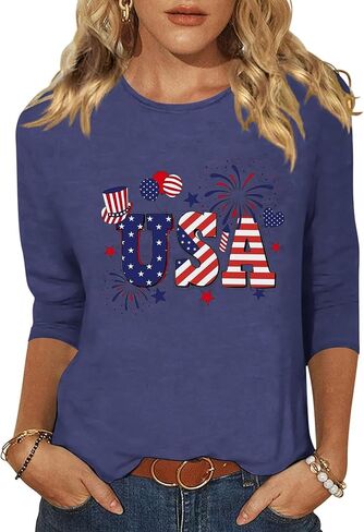 Vircreate Womens 3/4 Sleeve Crew Neck T-Shirts 4th of July Shirts American Flag Star Graphic Tee Tops in Saudi Arabia