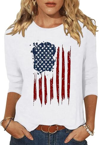 Vircreate Womens 3/4 Sleeve Crew Neck T-Shirts 4th of July Shirts American Flag Star Graphic Tee Tops in Saudi Arabia