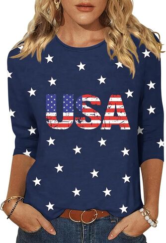 Vircreate Womens 3/4 Sleeve Crew Neck T-Shirts 4th of July Shirts American Flag Star Graphic Tee Tops in Saudi Arabia