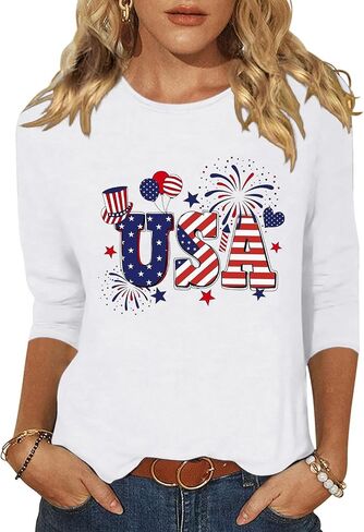 Vircreate Womens 3/4 Sleeve Crew Neck T-Shirts 4th of July Shirts American Flag Star Graphic Tee Tops in Saudi Arabia