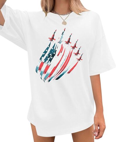 4th of July Oversized Shirts Women Jet Airplane Fighter T-Shirt American Flag Tees USA Patriotic Top in Kuwait