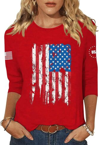 Vircreate Womens 3/4 Sleeve Crew Neck T-Shirts 4th of July Shirts American Flag Star Graphic Tee Tops in Saudi Arabia