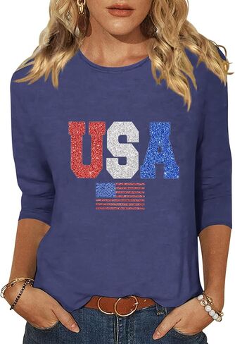 Vircreate Womens 3/4 Sleeve Crew Neck T-Shirts 4th of July Shirts American Flag Star Graphic Tee Tops in Saudi Arabia