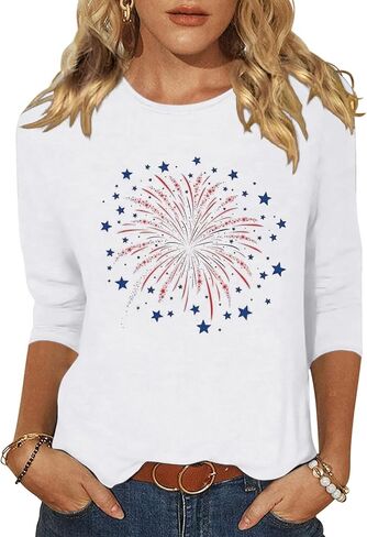 Vircreate Womens 3/4 Sleeve Crew Neck T-Shirts 4th of July Shirts American Flag Star Graphic Tee Tops in Saudi Arabia