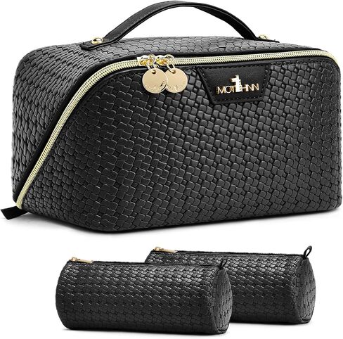 Travel Makeup Bag for Women: 3 Pcs Set Cosmetic Bags for Women - Large Capacity Vagen Leather Hand-made for Toiletry Organizer - Waterproof Ladies Travel Flat Open Essentials for Luxury (01Pink) in Kuwait