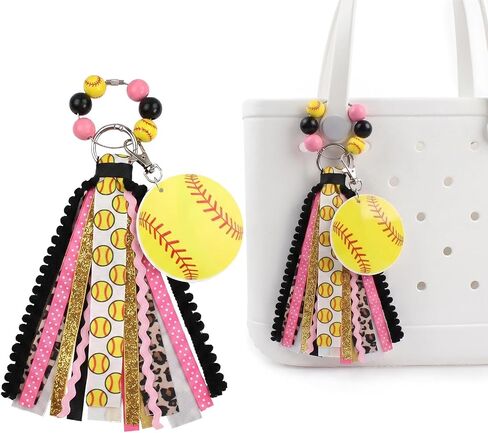 Softball Ribbon Set Keychain for Women Bagpack Sport Pendant Decorations Handmade Rose Black Softball Bat Keychain Souvenir Favors and Gifts for Friends DIY Sport Bag Tag in Saudi Arabia