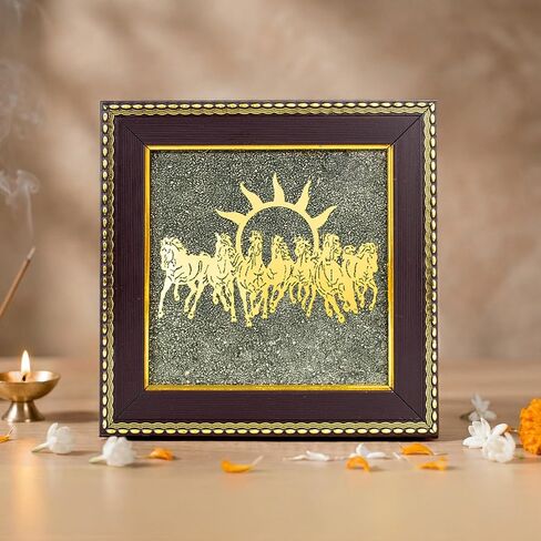 Pyrite Stone Frame with Vastu Seven Running Horses with Sun to Attract Money, Protection and Chakra Healing - Wooden Photo Frame Wall Decor Items for Living Room with Original Pyrite in Kuwait
