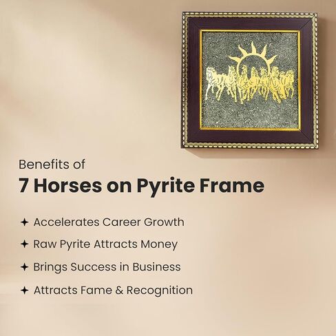 Pyrite Stone Frame with Vastu Seven Running Horses with Sun to Attract Money, Protection and Chakra Healing - Wooden Photo Frame Wall Decor Items for Living Room with Original Pyrite in Kuwait