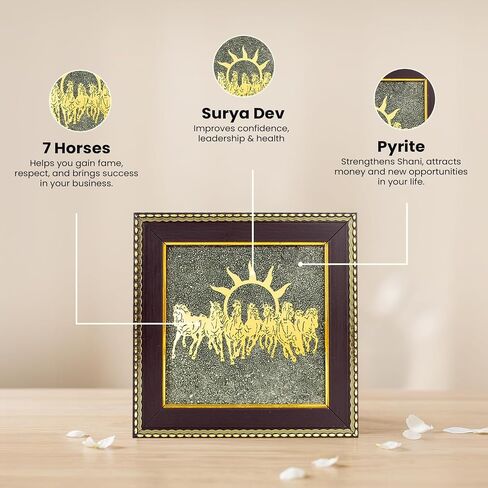Pyrite Stone Frame with Vastu Seven Running Horses with Sun to Attract Money, Protection and Chakra Healing - Wooden Photo Frame Wall Decor Items for Living Room with Original Pyrite in Kuwait