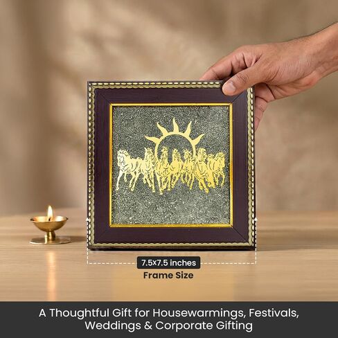 Pyrite Stone Frame with Vastu Seven Running Horses with Sun to Attract Money, Protection and Chakra Healing - Wooden Photo Frame Wall Decor Items for Living Room with Original Pyrite in Kuwait