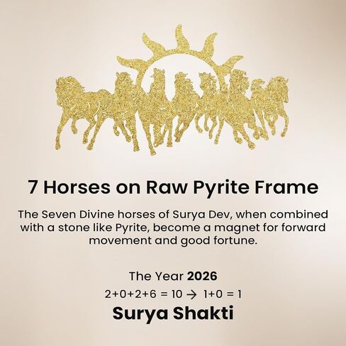 Pyrite Stone Frame with Vastu Seven Running Horses with Sun to Attract Money, Protection and Chakra Healing - Wooden Photo Frame Wall Decor Items for Living Room with Original Pyrite in Kuwait