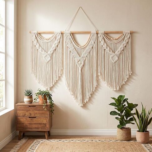 KongTiva Macrame Wall Hanging Large, Boho Wall Decor Chic Bohemian Handmade Woven Tapestry Home Decoration for Bedroom Gallery Living Room Apartment Wedding Party, 43"x32" (Wood bead) in Saudi Arabia