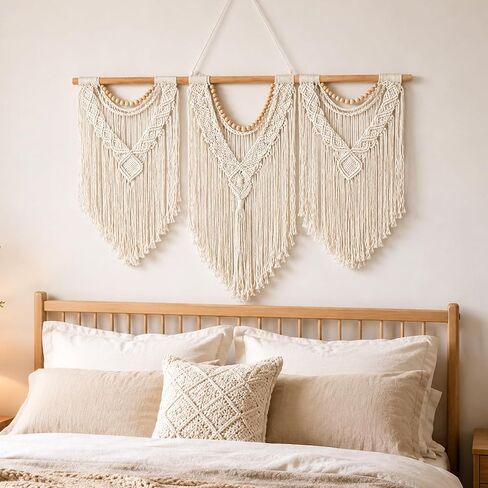 KongTiva Macrame Wall Hanging Large, Boho Wall Decor Chic Bohemian Handmade Woven Tapestry Home Decoration for Bedroom Gallery Living Room Apartment Wedding Party, 43"x32" (Wood bead) in Saudi Arabia