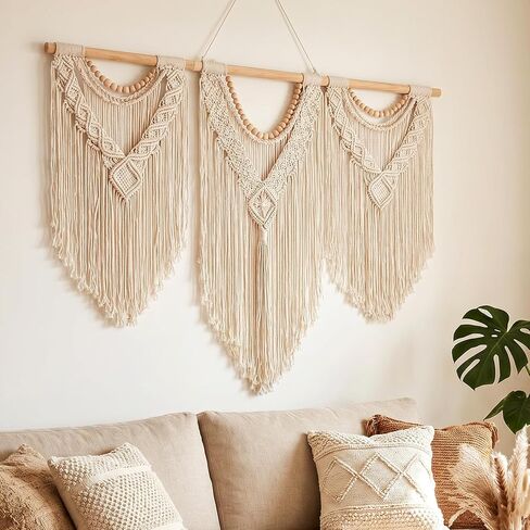 KongTiva Macrame Wall Hanging Large, Boho Wall Decor Chic Bohemian Handmade Woven Tapestry Home Decoration for Bedroom Gallery Living Room Apartment Wedding Party, 43"x32" (Wood bead) in Saudi Arabia