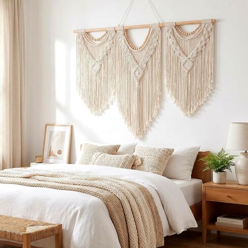 KongTiva Macrame Wall Hanging Large, Boho Wall Decor Chic Bohemian Handmade Woven Tapestry Home Decoration for Bedroom Gallery Living Room Apartment Wedding Party, 43"x32" (Wood bead) in Saudi Arabia