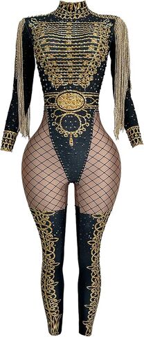 Women Party Dress-up Jumpsuit Tassel Stage Performance Costume Nightclub Show Bodycon Rompers with Stone in Kuwait