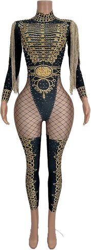 Women Party Dress-up Jumpsuit Tassel Stage Performance Costume Nightclub Show Bodycon Rompers with Stone in Kuwait