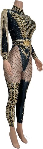 Women Party Dress-up Jumpsuit Tassel Stage Performance Costume Nightclub Show Bodycon Rompers with Stone in Kuwait