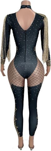 Women Party Dress-up Jumpsuit Tassel Stage Performance Costume Nightclub Show Bodycon Rompers with Stone in Kuwait