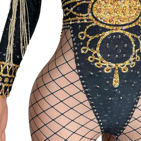 Women Party Dress-up Jumpsuit Tassel Stage Performance Costume Nightclub Show Bodycon Rompers with Stone in Kuwait