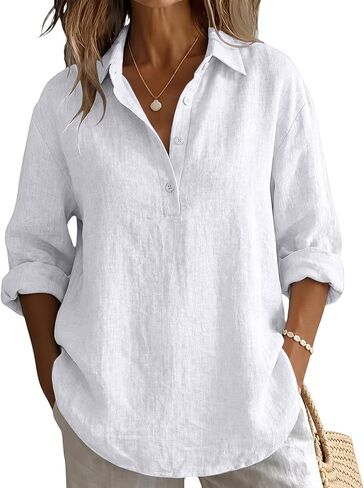 Linen Tops for Women Summer Cotton Gauze Button Down V Neck Long Sleeve Blouses Dressy Casual Loose Fit Tunics in Saudi Arabia