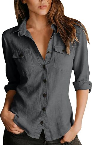 Linen Shirts for Women Long Sleeve Button Down Gauze Blouses V Neck Casual Work Office Tunic Travel Vacation Tops in Saudi Arabia