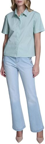 Karl Lagerfeld Women's Short Sleeve Gold Bead Collar Button Down Solid Cropped Blouse in Kuwait