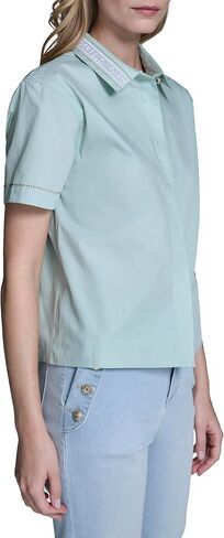 Karl Lagerfeld Women's Short Sleeve Gold Bead Collar Button Down Solid Cropped Blouse in Kuwait