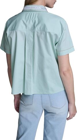 Karl Lagerfeld Women's Short Sleeve Gold Bead Collar Button Down Solid Cropped Blouse in Kuwait