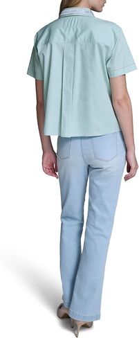Karl Lagerfeld Women's Short Sleeve Gold Bead Collar Button Down Solid Cropped Blouse in Kuwait