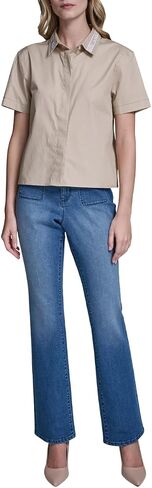 Karl Lagerfeld Women's Short Sleeve Gold Bead Collar Button Down Solid Cropped Blouse in Kuwait