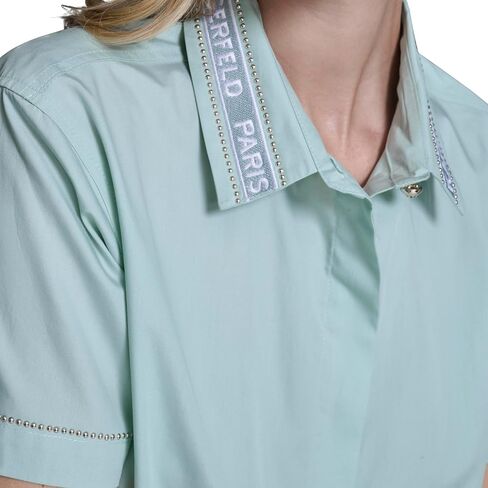 Karl Lagerfeld Women's Short Sleeve Gold Bead Collar Button Down Solid Cropped Blouse in Kuwait