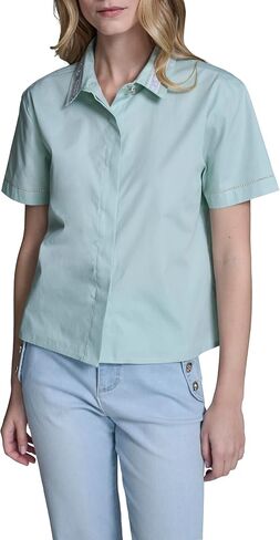 Karl Lagerfeld Women's Short Sleeve Gold Bead Collar Button Down Solid Cropped Blouse in Kuwait